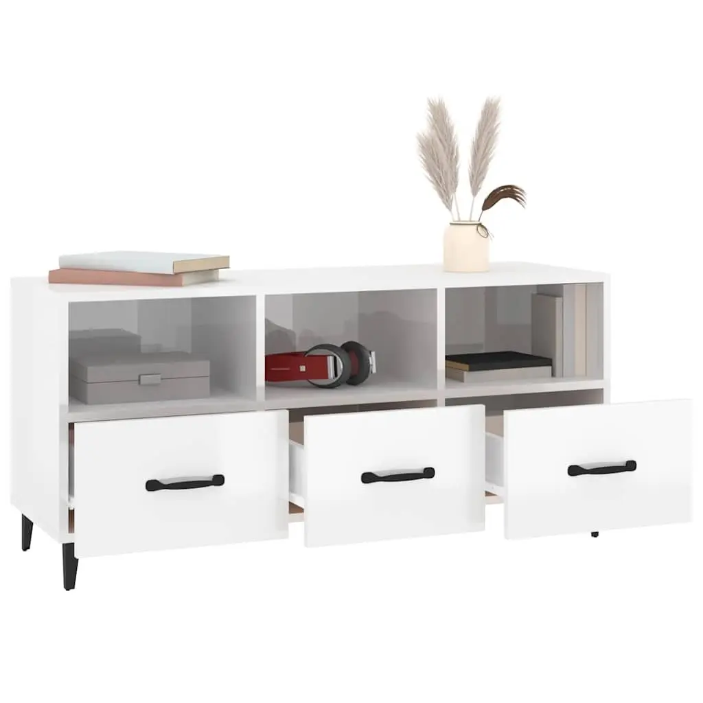 TV Cabinet High Gloss White Modern Media Unit with Drawers and Shelves 102 x 35 x 50 cm