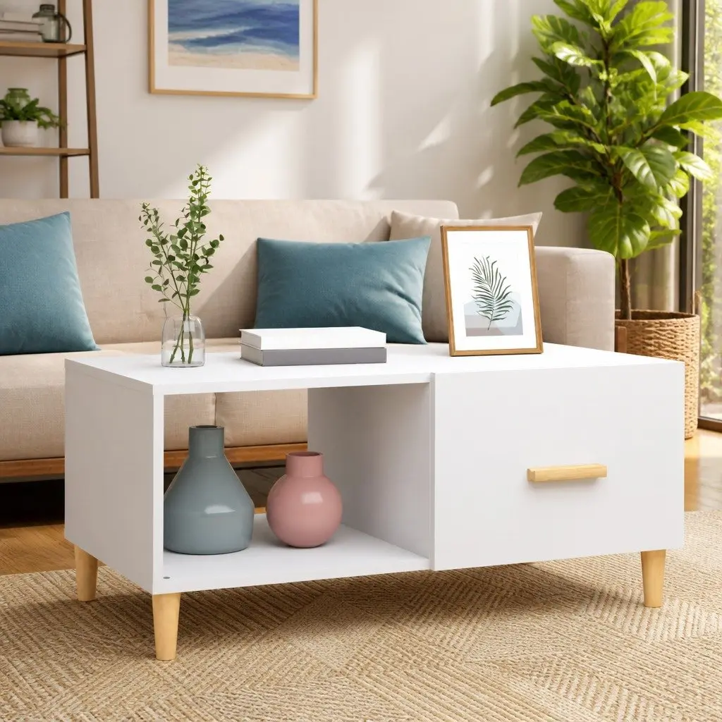 Coffee Table Engineered Wood White 89.5x50x40cm Living Room Side End Table