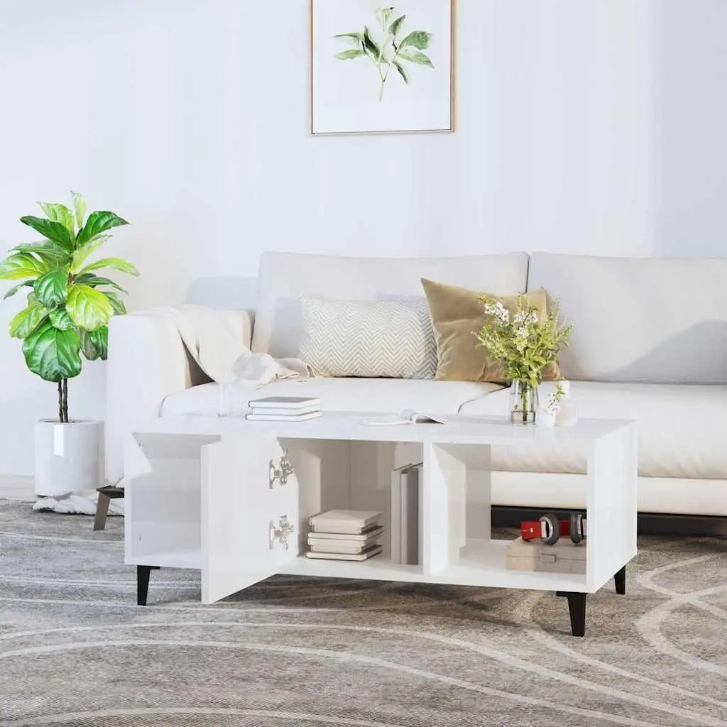 Coffee Table High Gloss White Modern with Storage Compartments 102 x 50 x 40 cm