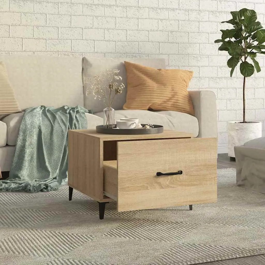 Coffee Table 50x50x40cm Set of 2 with Metal Legs Storage Drawer Brown