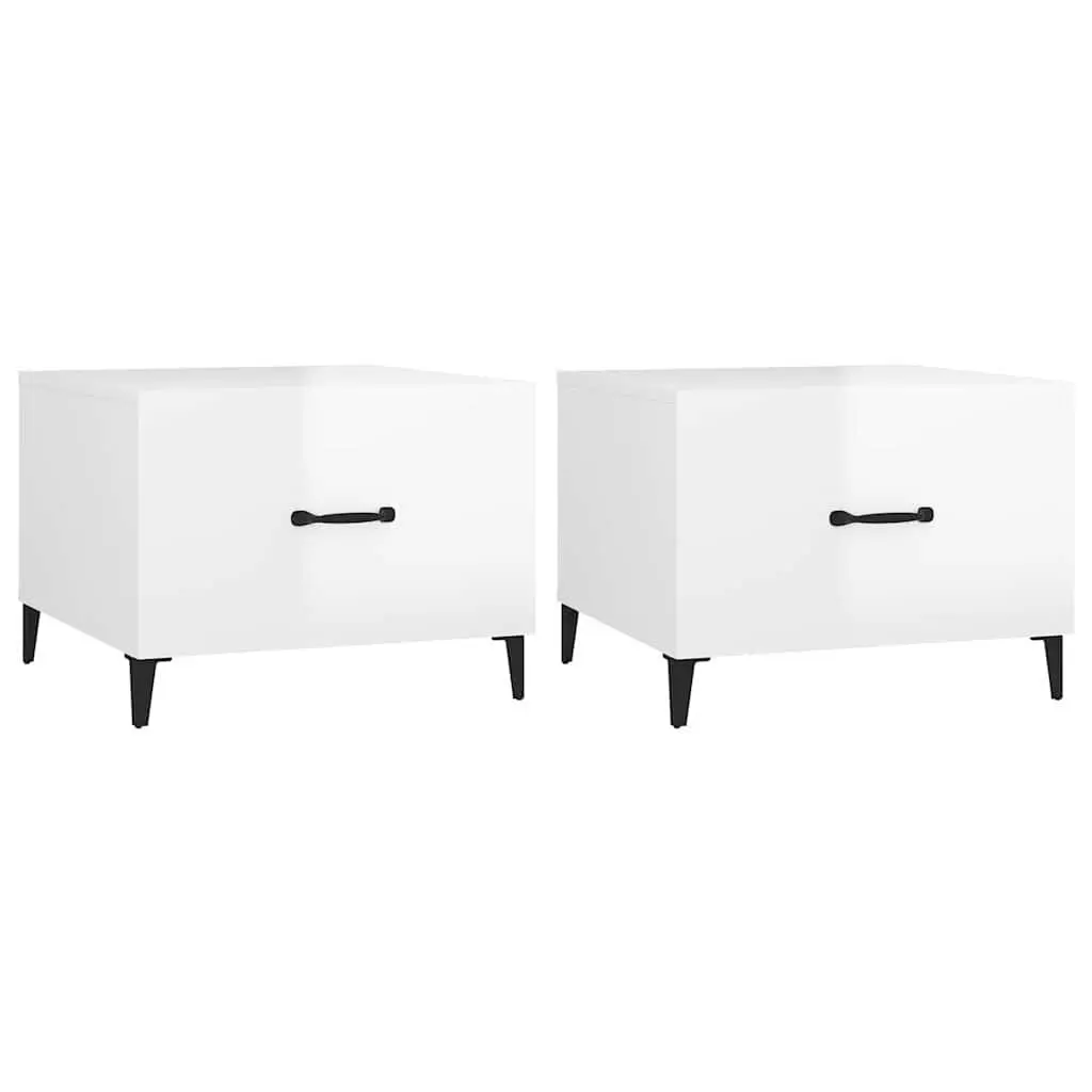 Coffee Tables with Metal Legs 2 pcs High Gloss White Side Table Drawers
