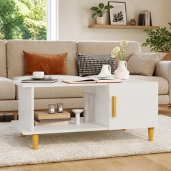 Coffee Table White Storage Compartment Shelf Engineered Wood Living Room