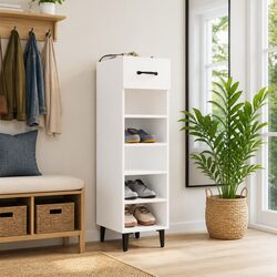 Shoe Cabinet White Engineered Wood Storage Organiser Shelves Drawer Metal Legs