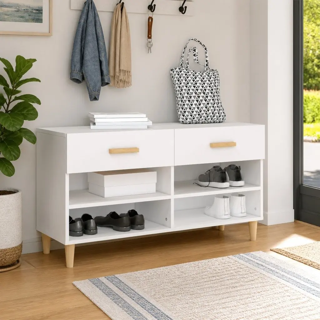 Shoe Cabinet White Organiser 102L x 35W x 55H cm 2 Drawers 4 Compartments