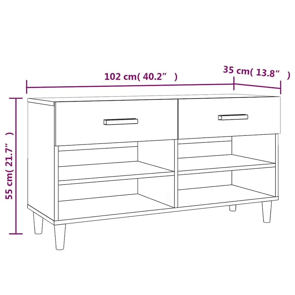 Shoe Cabinet White Organiser 102L x 35W x 55H cm 2 Drawers 4 Compartments