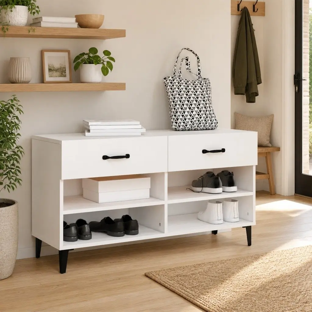 Shoe Cabinet Organiser White Engineered Wood 2 Drawers 4 Compartments