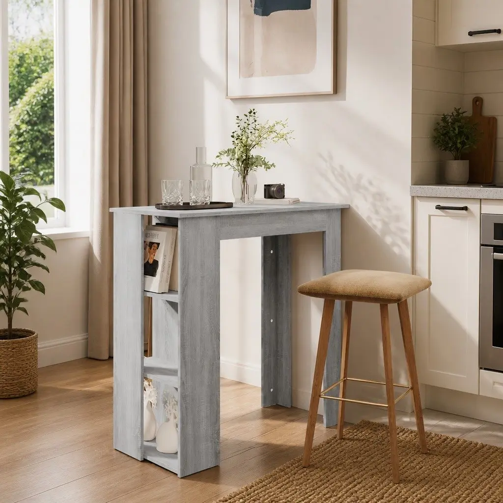 Grey Bar Table with Three Storage Shelves for Kitchen and Dining Areas