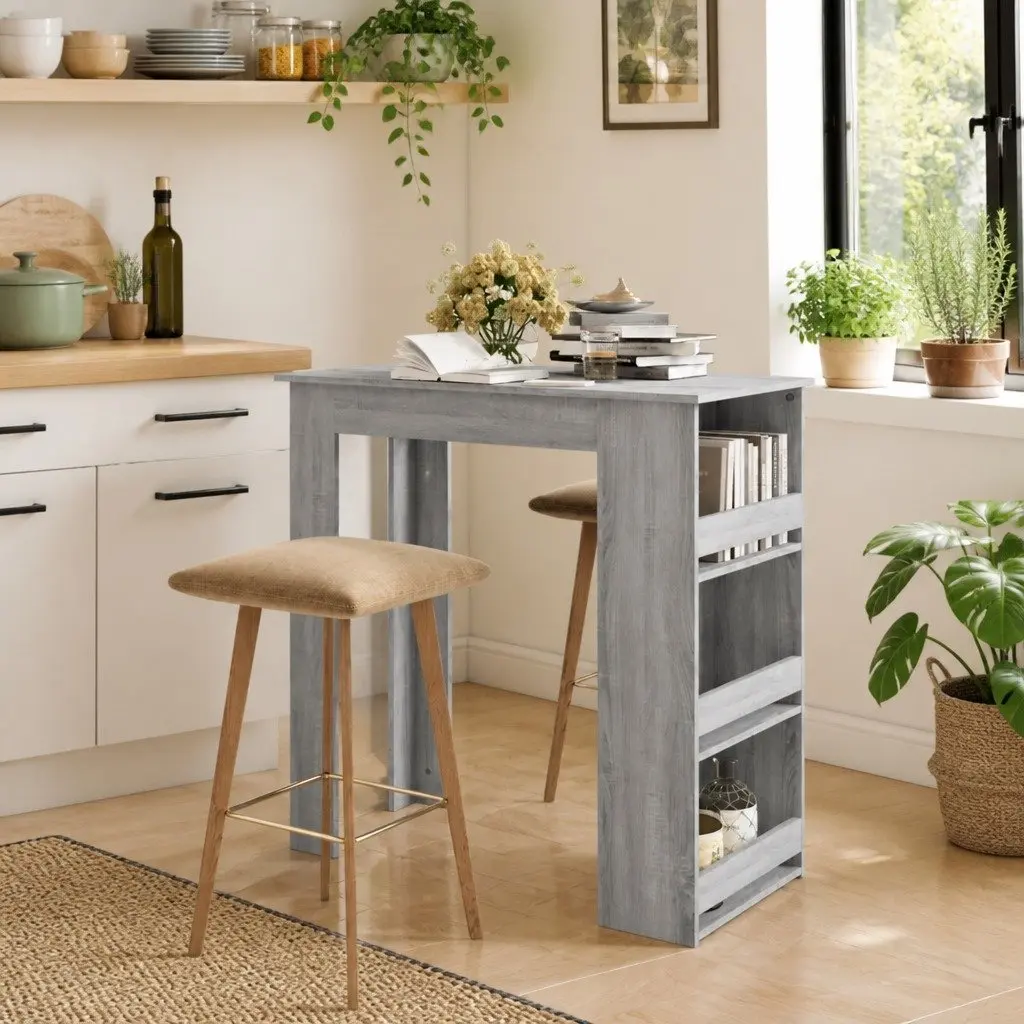 Bar Table with 3 Storage Racks Compact Kitchen Dining Furniture Grey Sonoma