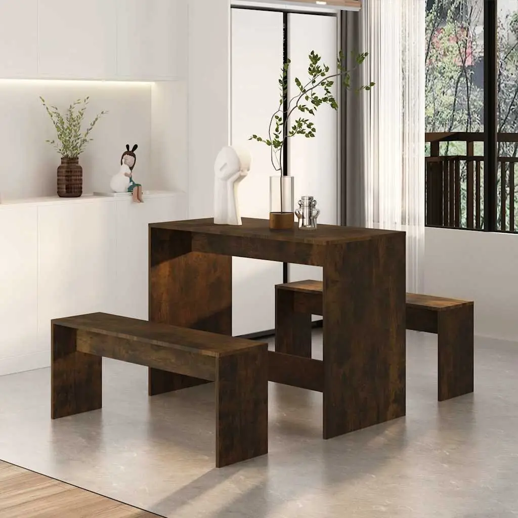3 Piece Dining Set with Benches Modern Kitchen Table Chair Furniture Brown