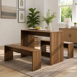 3 Piece Dining Set Brown Oak Engineered Wood Table Bench Kitchen Furniture