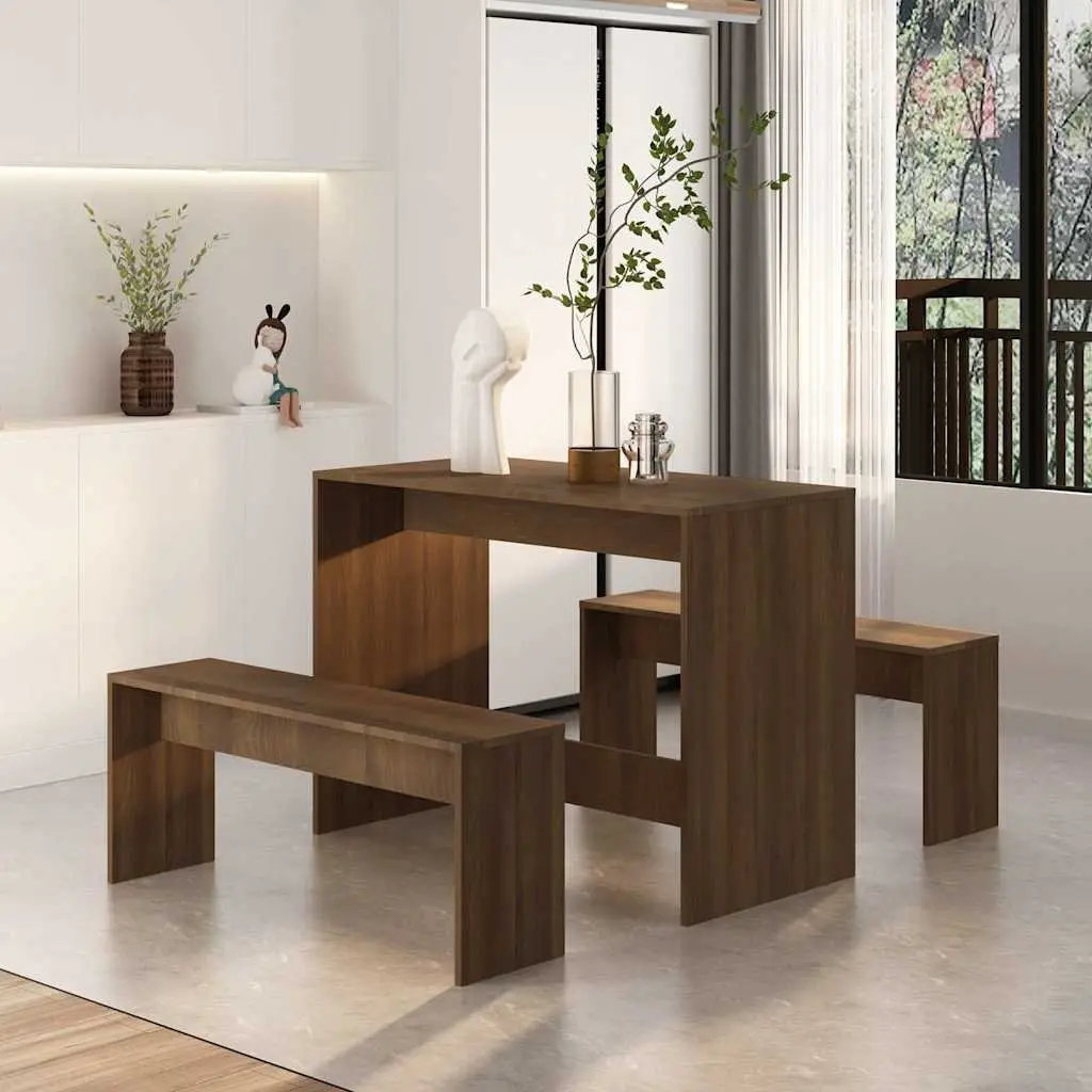 3 Piece Dining Set Brown Oak Engineered Wood Table Bench Kitchen Furniture