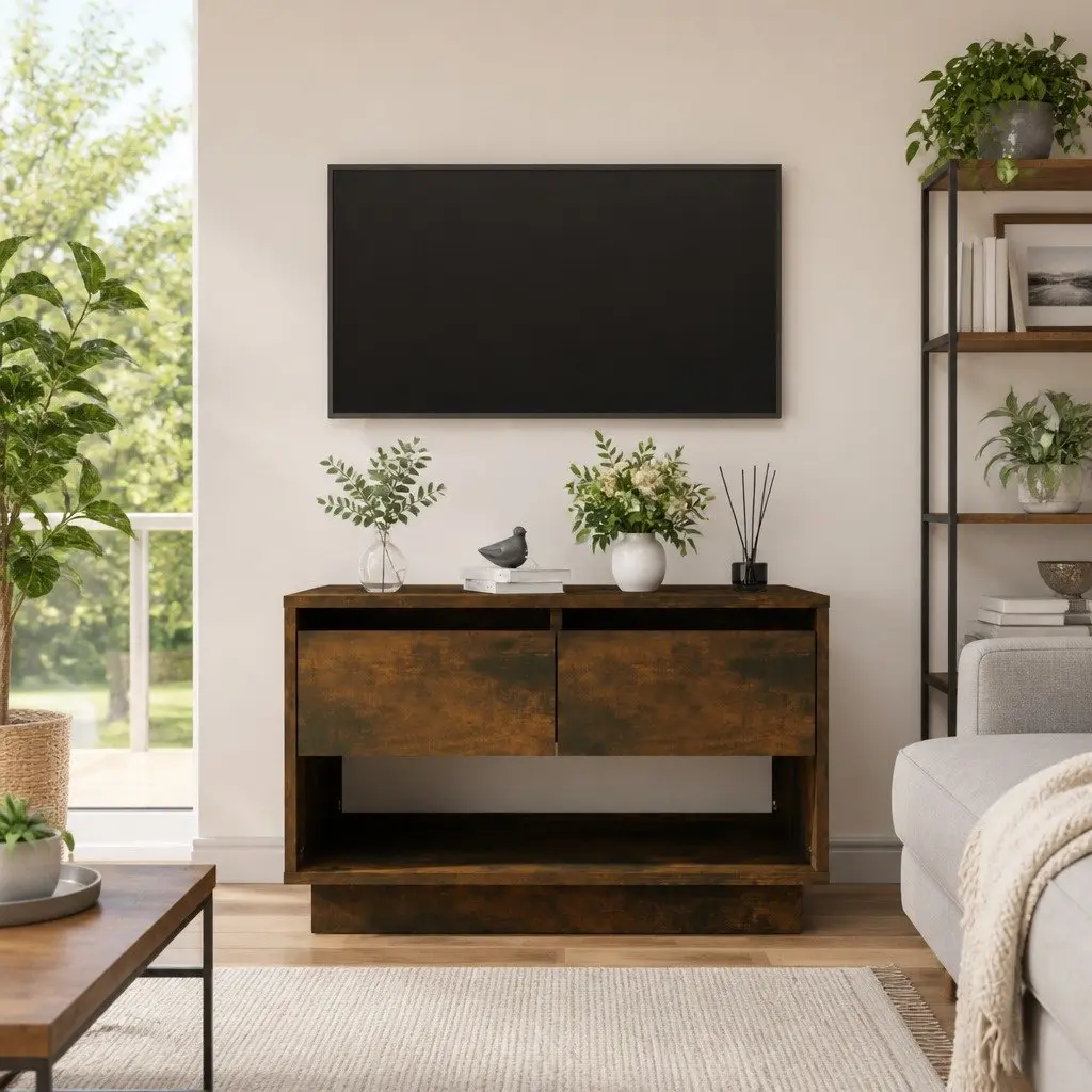 TV Cabinet Brown Lowboard 70 x 41 x 44 cm with 2 Drawers and Open Compartment for Living Room Storage