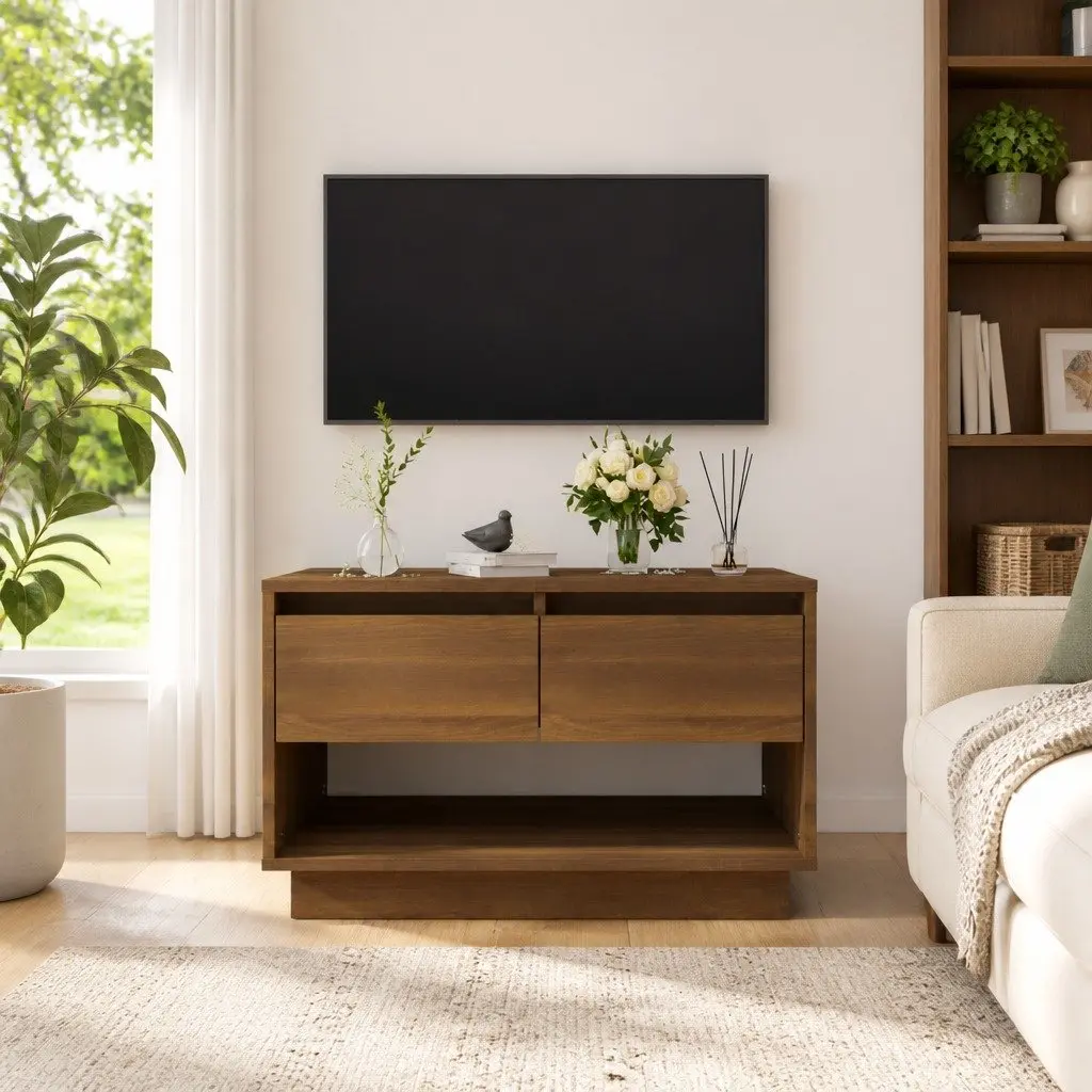 Brown Oak TV Cabinet with Drawers and Compartment