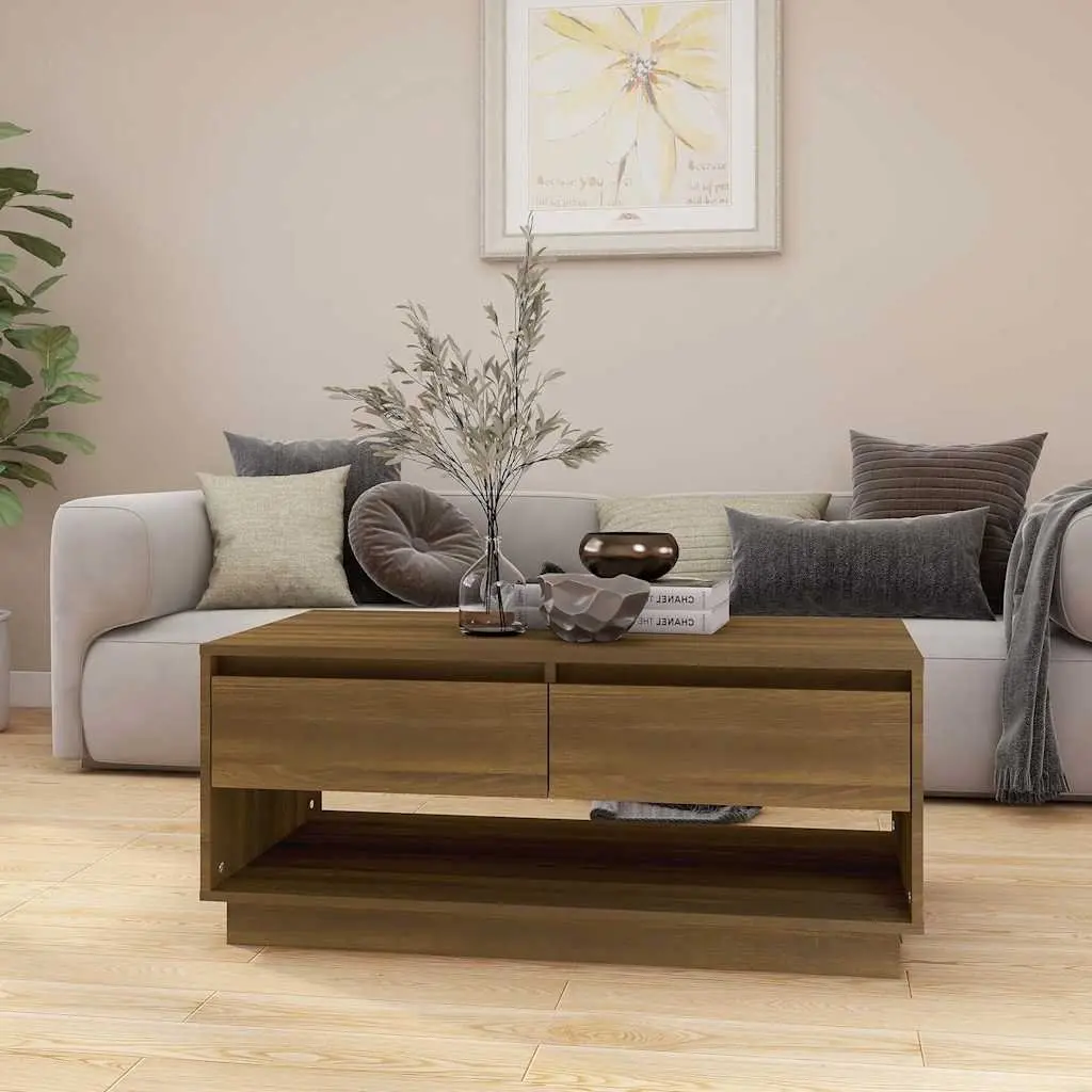 Brown Oak Coffee Table with Storage Drawers 102.5x55x44cm