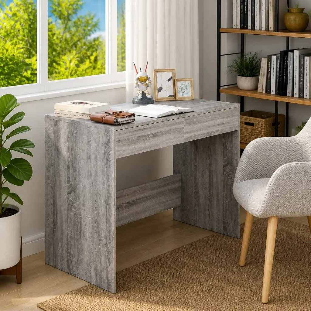 Office Desk Grey Computer Workstation Study Table with 2 Drawers 101 x 50 x 76.5 cm