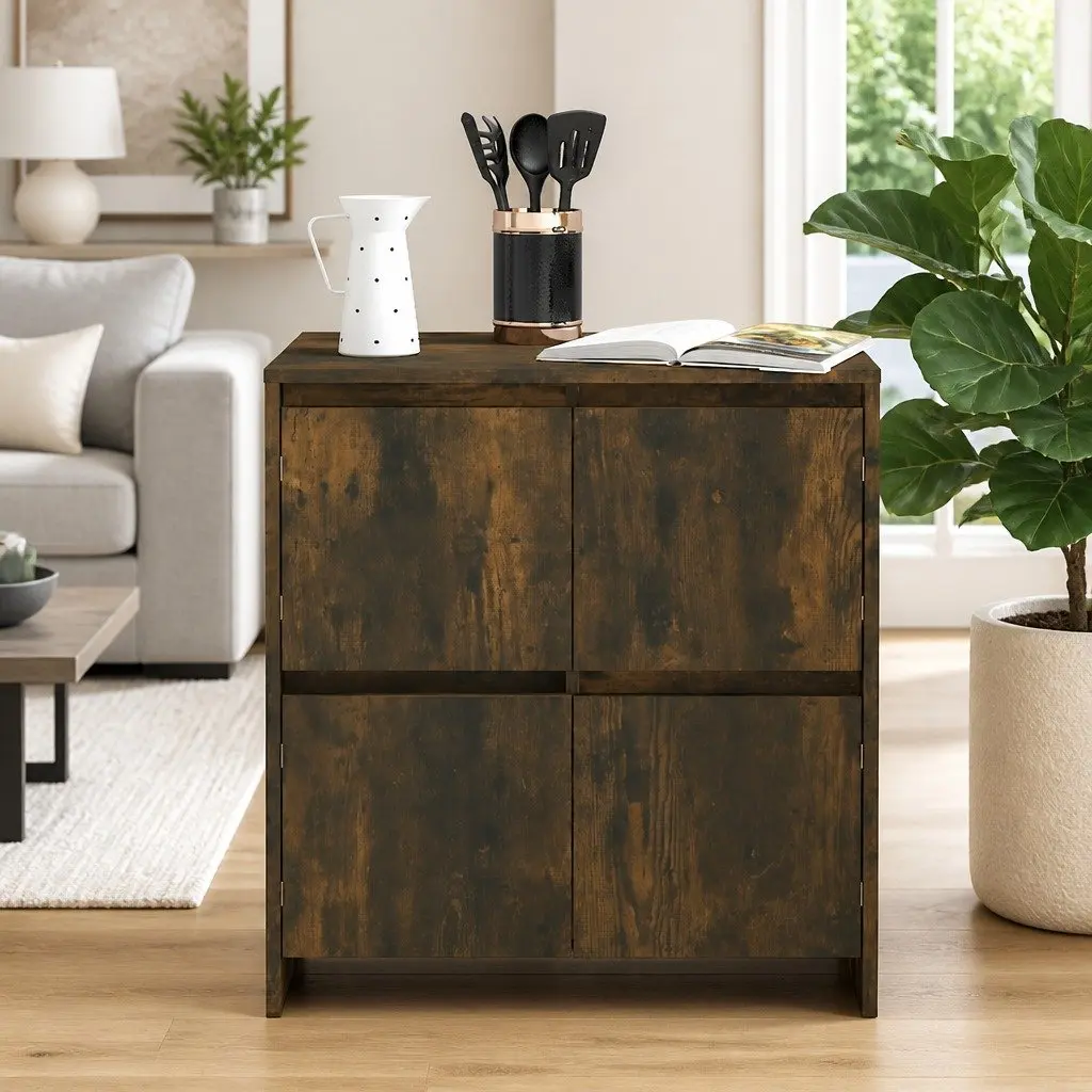 Sideboard Minimalist 4 Door Brown Storage Cabinet 70W x 41D x 75H cm