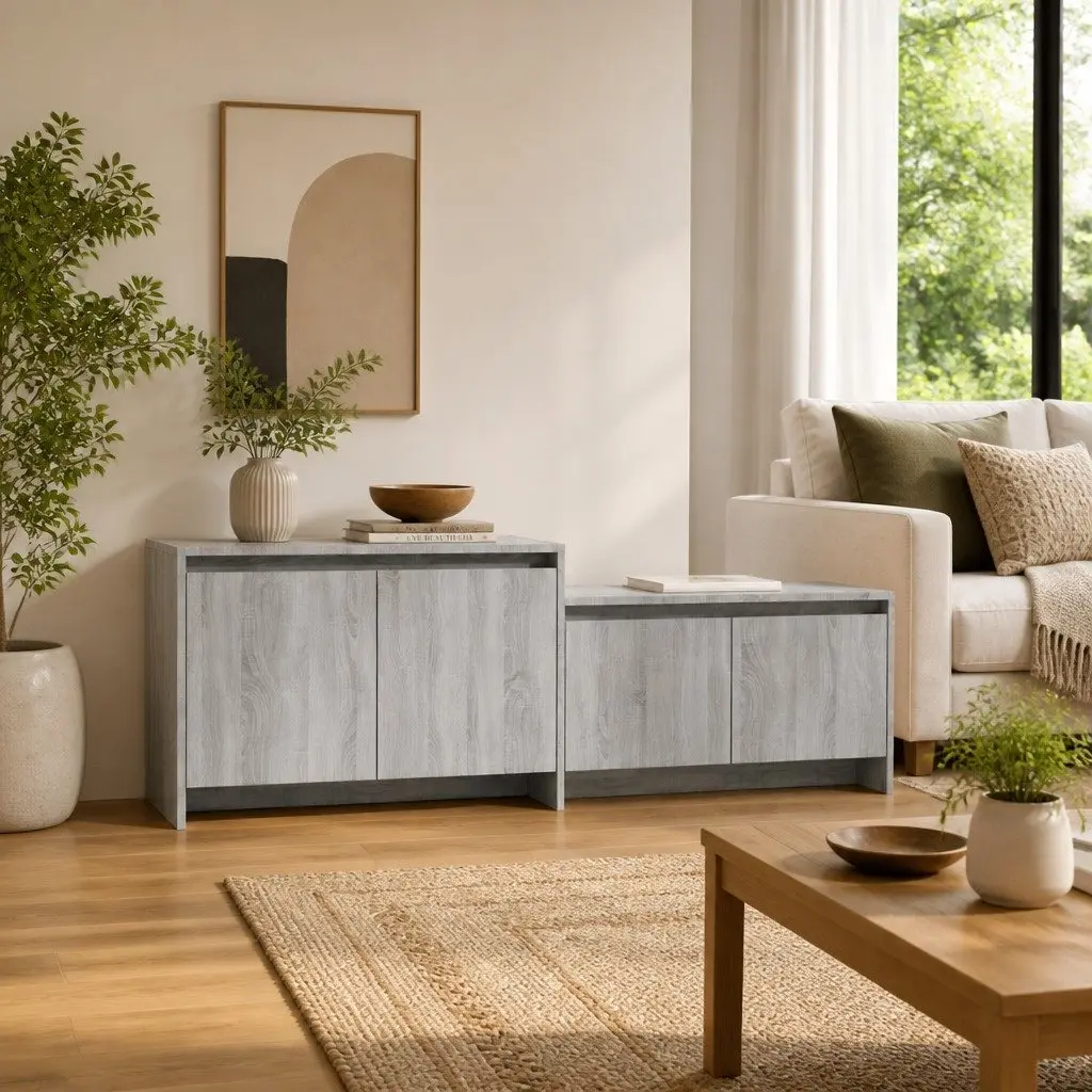 TV Cabinet Grey Sonoma 146.5cm Low Board 4 Door Storage Unit