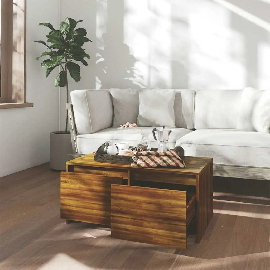Coffee Table Modern Brown Oak with Storage Drawers 90L x 50W x 41.5H cm