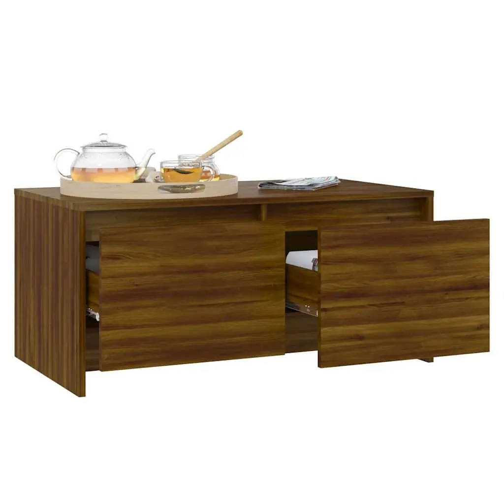 Coffee Table Modern Brown Oak with Storage Drawers 90L x 50W x 41.5H cm