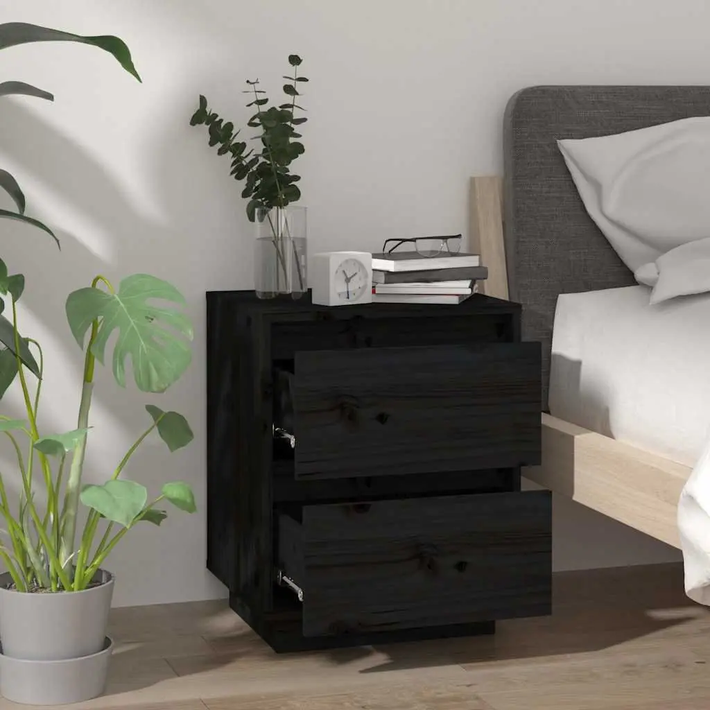 Bedside Tables Modern Black Storage Cabinets 2 Piece Set