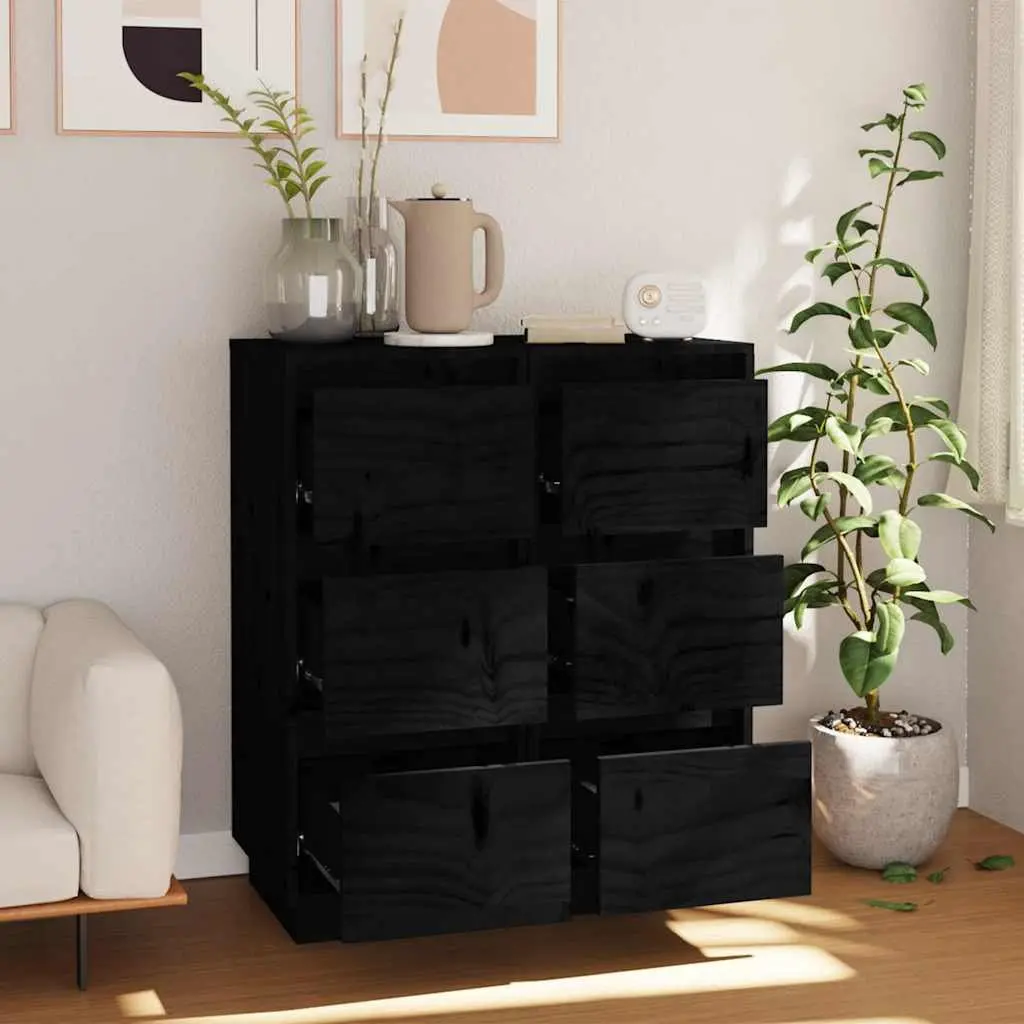 Solid Wood Sideboards Black 2 Piece Storage Cabinet Pinewood Living Room Furniture