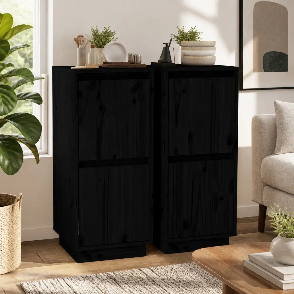 Solid Wood Pine Sideboards Black 2 Piece Storage Cabinet Buffet