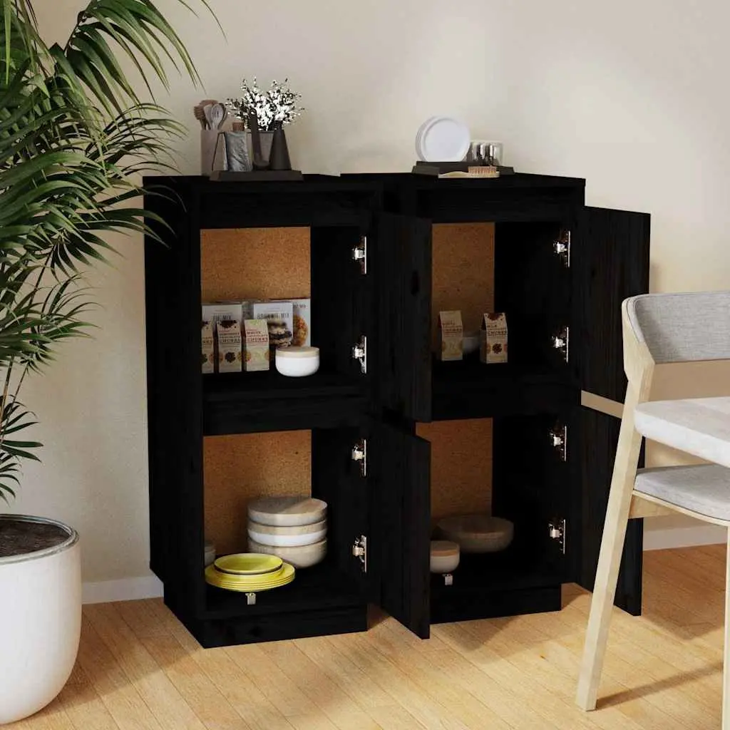 Solid Wood Pine Sideboards Black 2 Piece Storage Cabinet Buffet