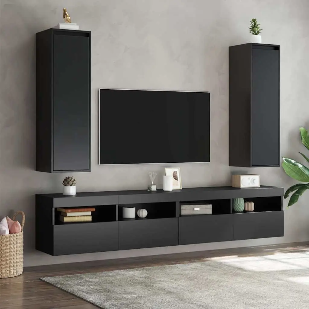 Wall Cabinets Black 30x30x100 cm Solid Pine 2 Piece Floating Storage Hanging Shelf