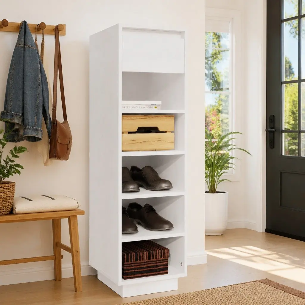Shoe Cabinet White Storage Organiser 5 Compartments 1 Drawer