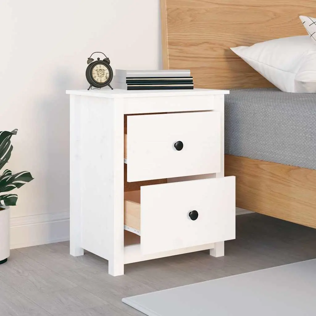 Bedside Cabinet Solid Pine Wood White 50x35x61.5 cm Nightstand with Two Drawers