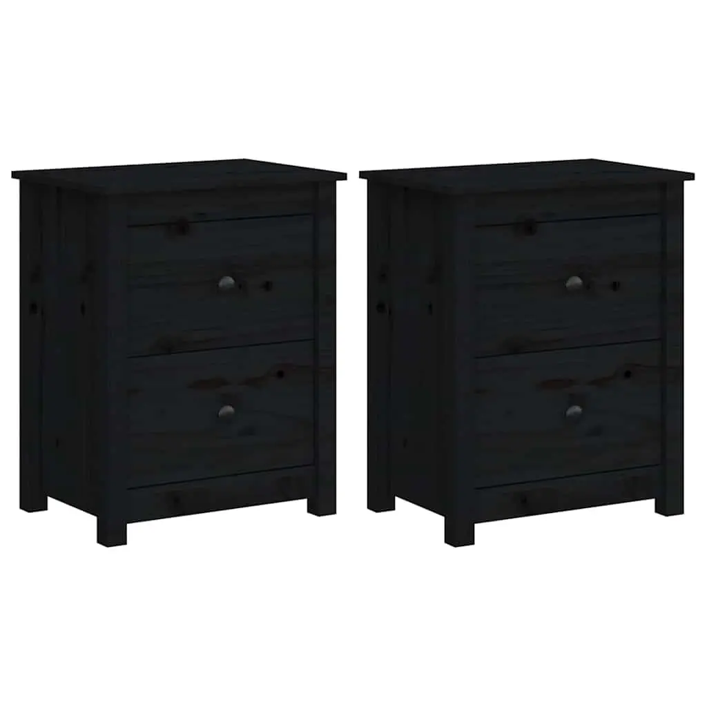 Bedside Cabinet 2 Pcs Black Solid Wood Pine Nightstand Drawer Storage Table