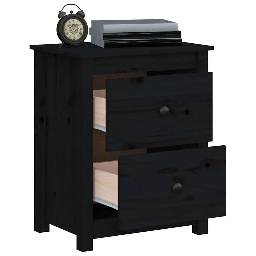 Bedside Cabinet 2 Pcs Black Solid Wood Pine Nightstand Drawer Storage Table