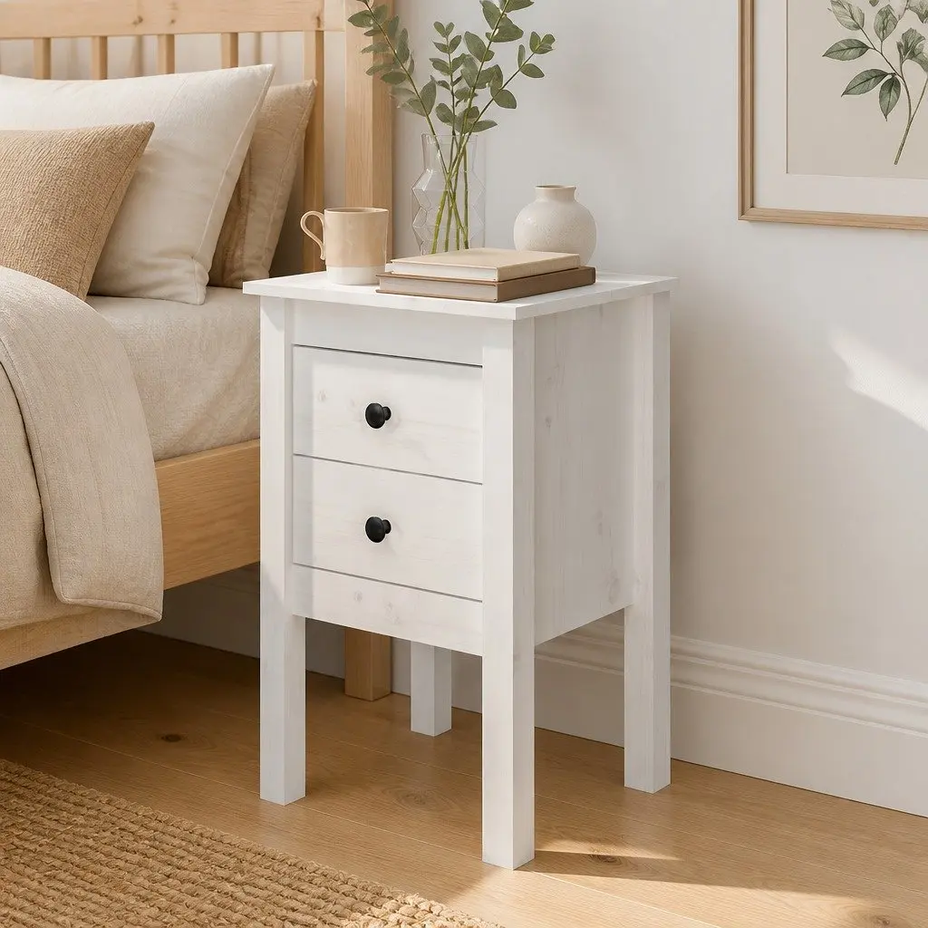 Bedside Cabinet White Solid Pine Wood 40x35x61.5cm 2 Drawer Bedroom Storage Table