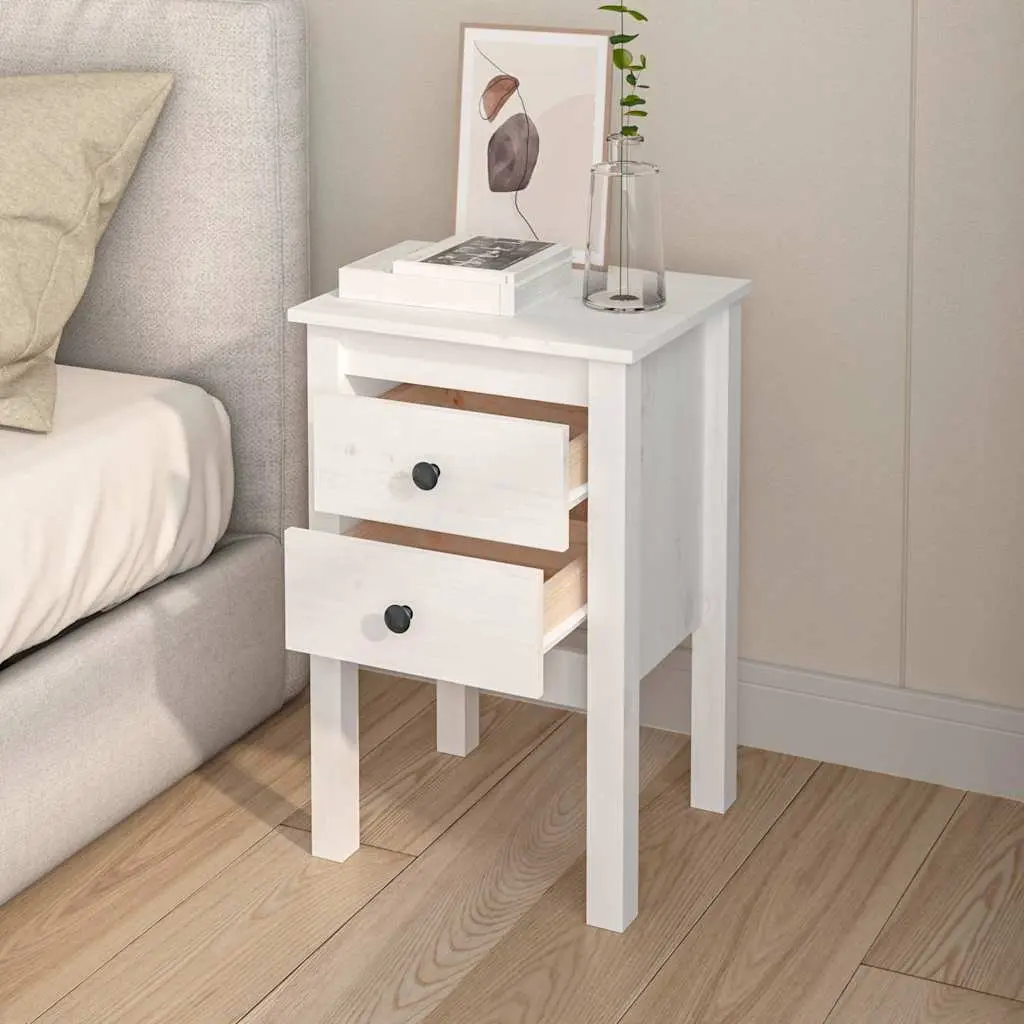 Bedside Cabinet White Solid Pine Wood 40x35x61.5cm 2 Drawer Bedroom Storage Table