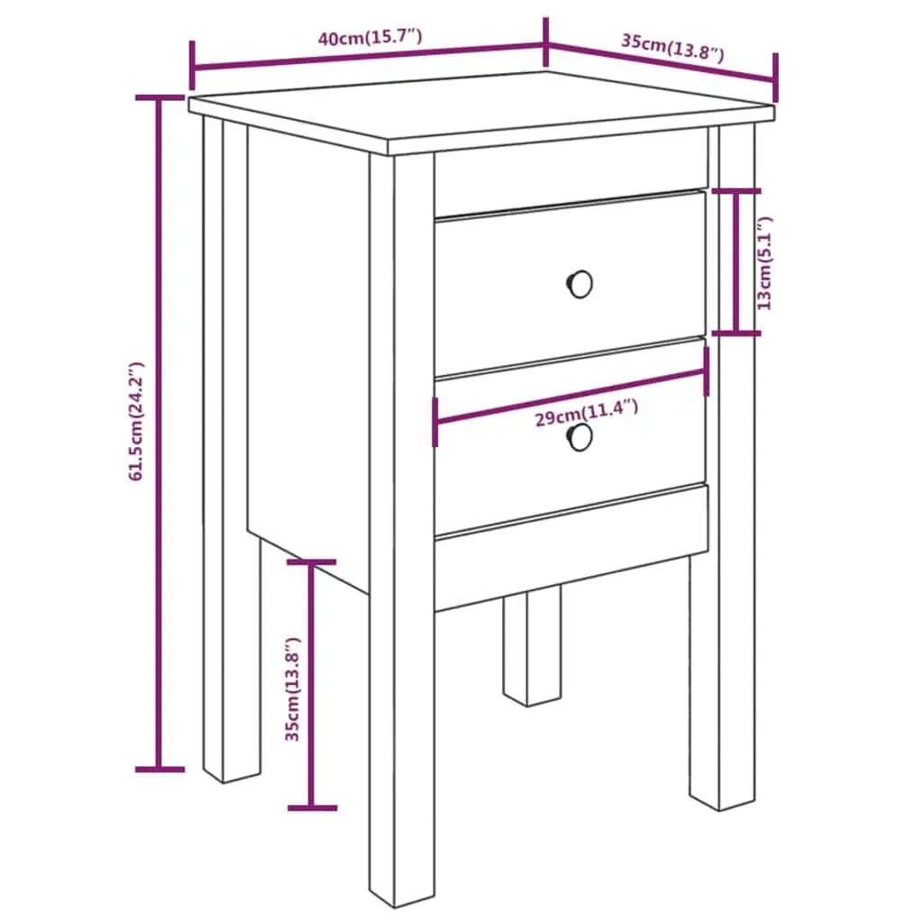 Bedside Cabinet White Solid Pine Wood 40x35x61.5cm 2 Drawer Bedroom Storage Table
