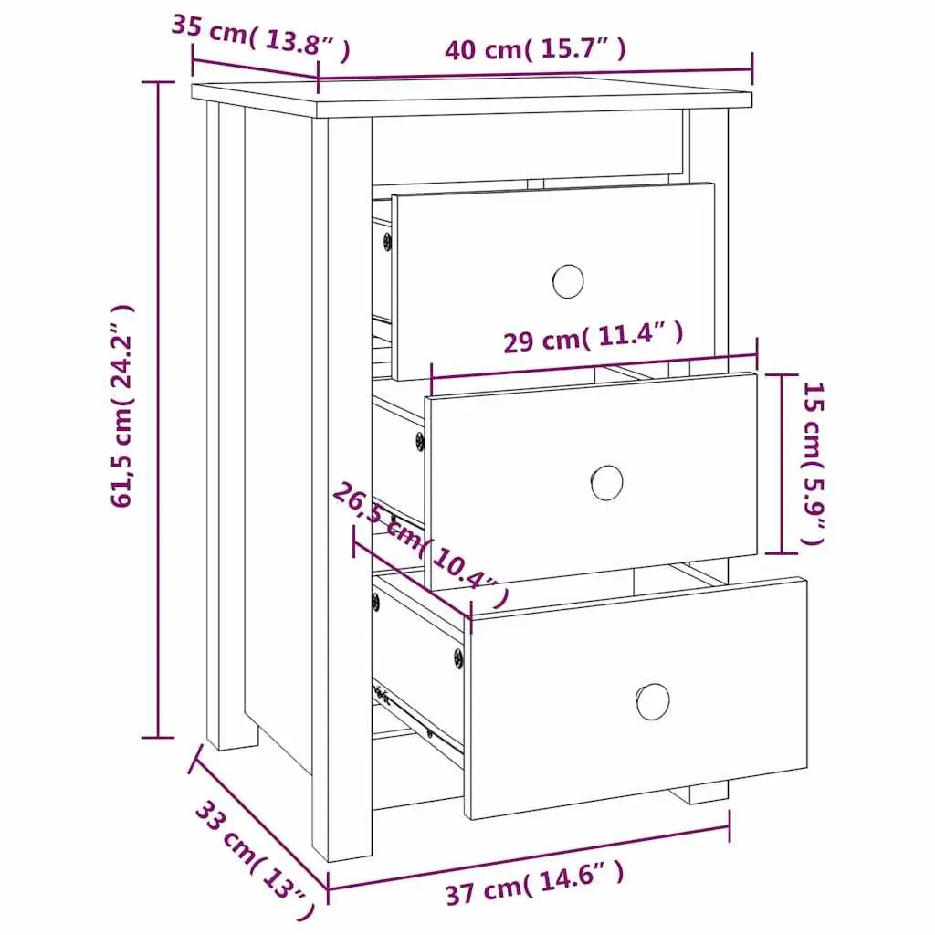 Bedside Cabinets Solid Pine Wood White 40x35x61.5 cm 2 Piece with 3 Drawers for Storage