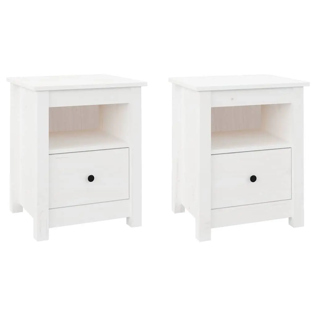 Bedside Cabinets 2 pcs White Solid Wood Pine Nightstand Storage Drawer Set