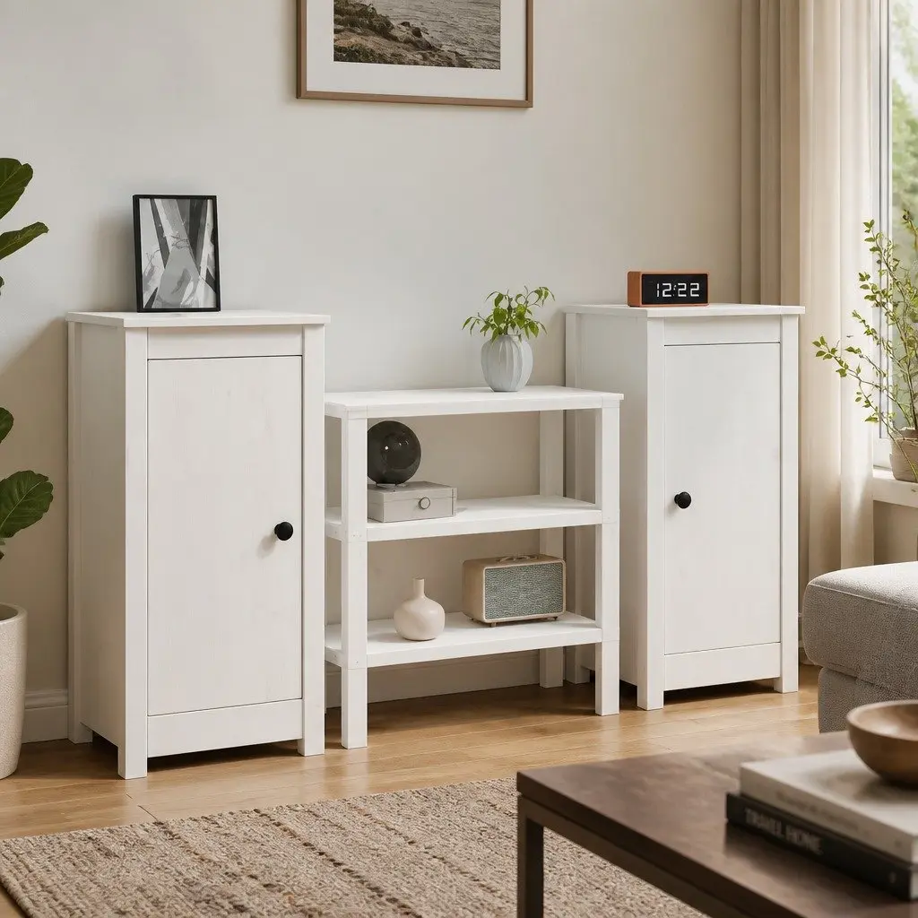 Sideboards 2 pcs White Solid Wood Pine Storage Cabinet Furniture Living Room