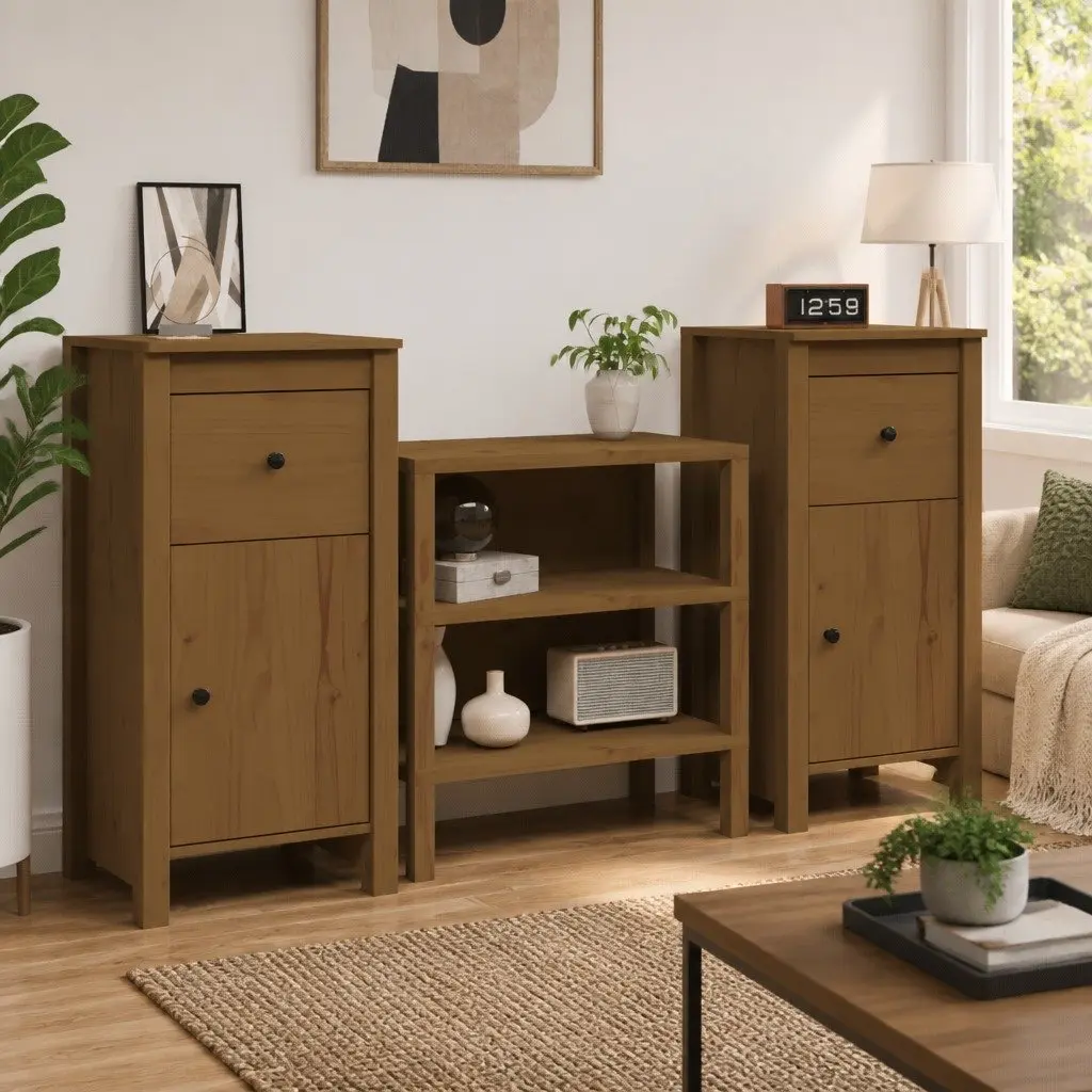 Solid Wood Pine Sideboards 2 pcs Brown Storage Cabinet Cupboard Furniture