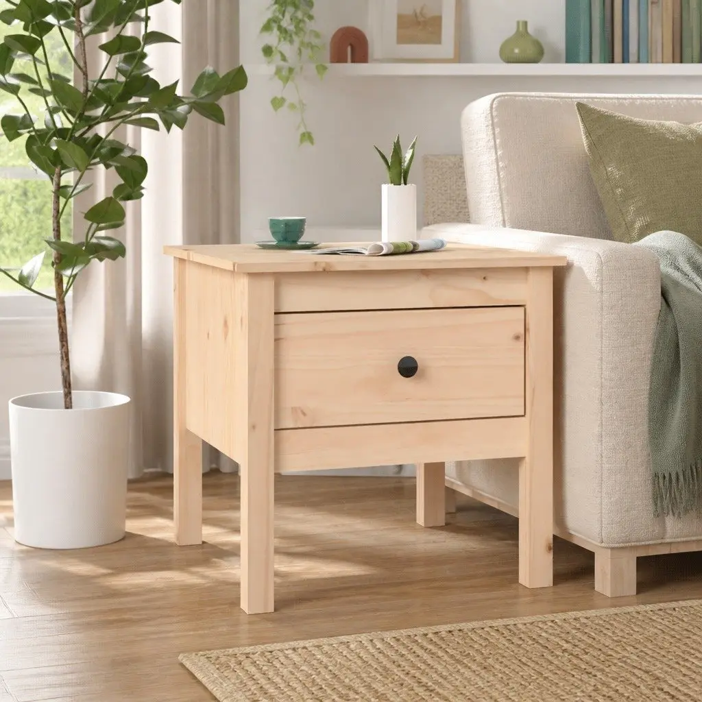 Solid Wood Pine Side Table with Drawer Storage Brown 50x50x49cm End Table