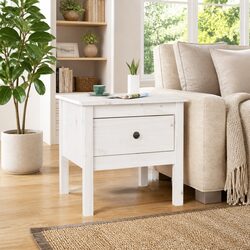 Side Table White 50x50x49 cm Solid Pine Wood Drawer Storage End Table Living