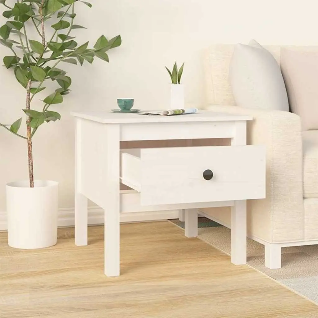 Side Table White Solid Pine Wood Drawer Storage 50x50x49 cm