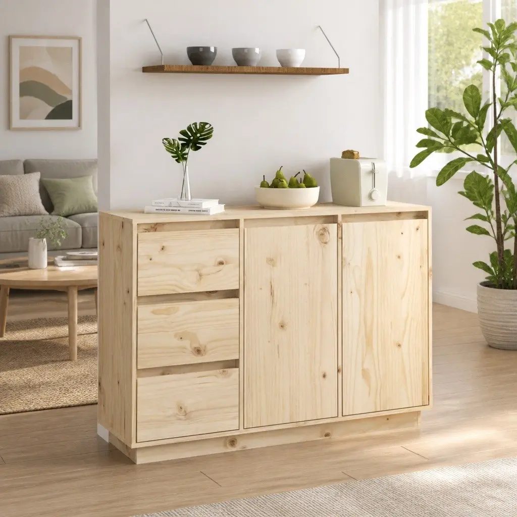 Solid Wood Pine Sideboard Brown 2 Doors 3 Drawers 111x34x75 cm