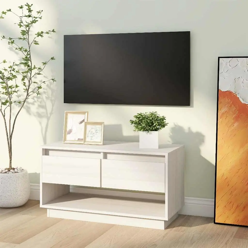 White TV Cabinet Solid Pine Wood 74x34x40cm Storage Unit with Drawers
