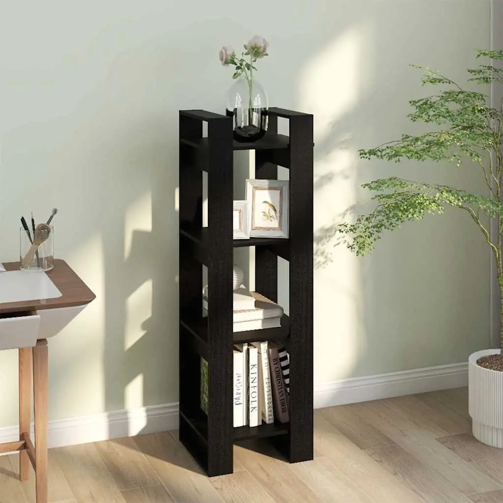 Book Cabinet Room Divider Black Solid Pine Wood 41x35x125 cm