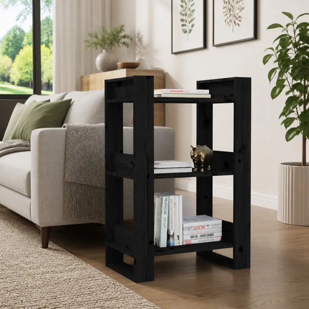 Solid Wood Pine Book Cabinet Room Divider Black 60x35x91 cm Storage Bookshelf