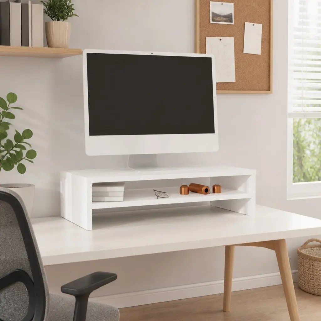 Monitor Stand White Solid Wood Pine Riser Desk Storage Shelf Keyboard Cabinet