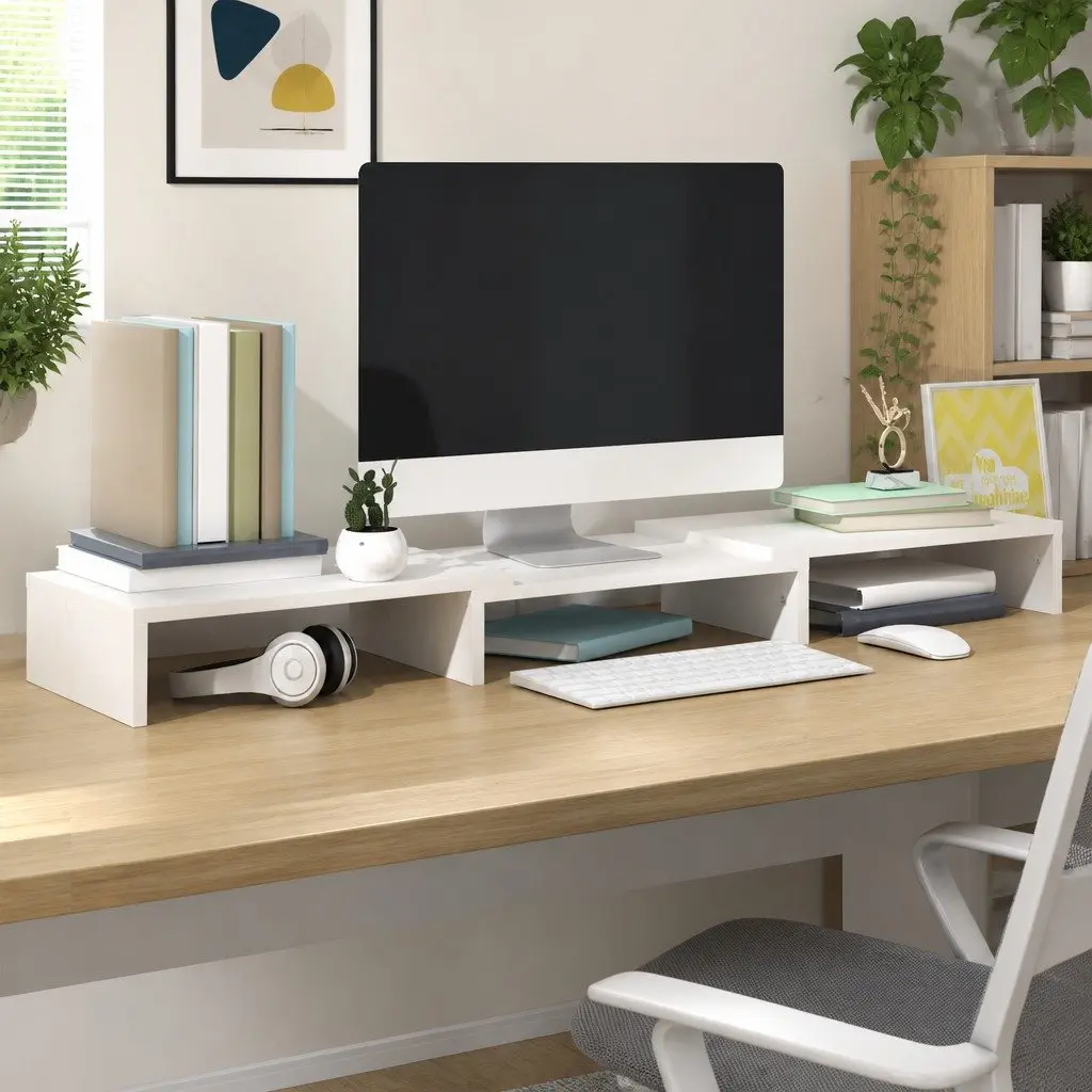 Monitor Stand White Solid Wood Pine Adjustable Desk Riser 80 x 24 x 10.5 cm