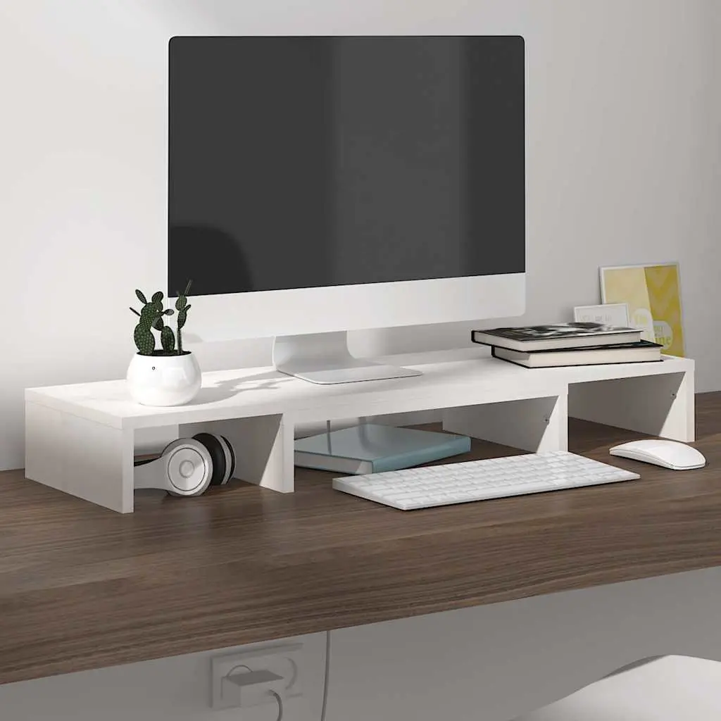 Monitor Stand White Solid Wood Pine Adjustable Desk Riser 80 x 24 x 10.5 cm