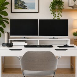 Monitor Stand White Solid Pine Wood Computer Riser Desk Organizer Storage 100cm